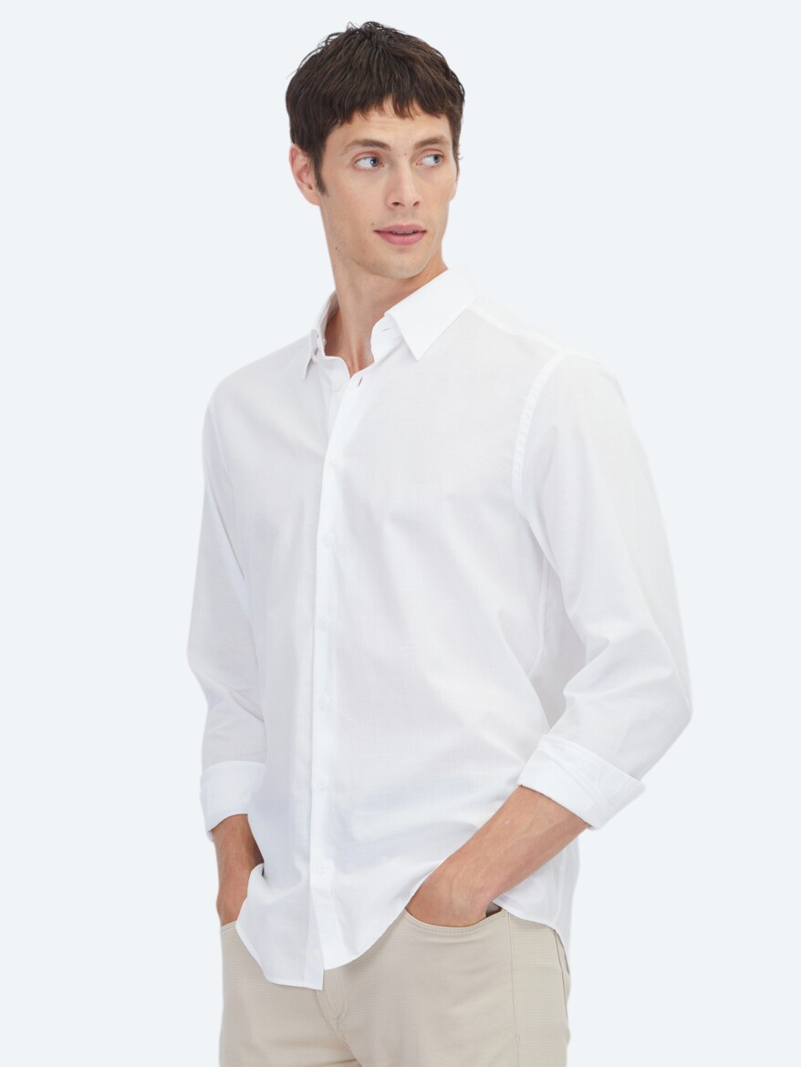 White Plain Regular Fit Weaving Casual 100% Cotton Shirt - 1