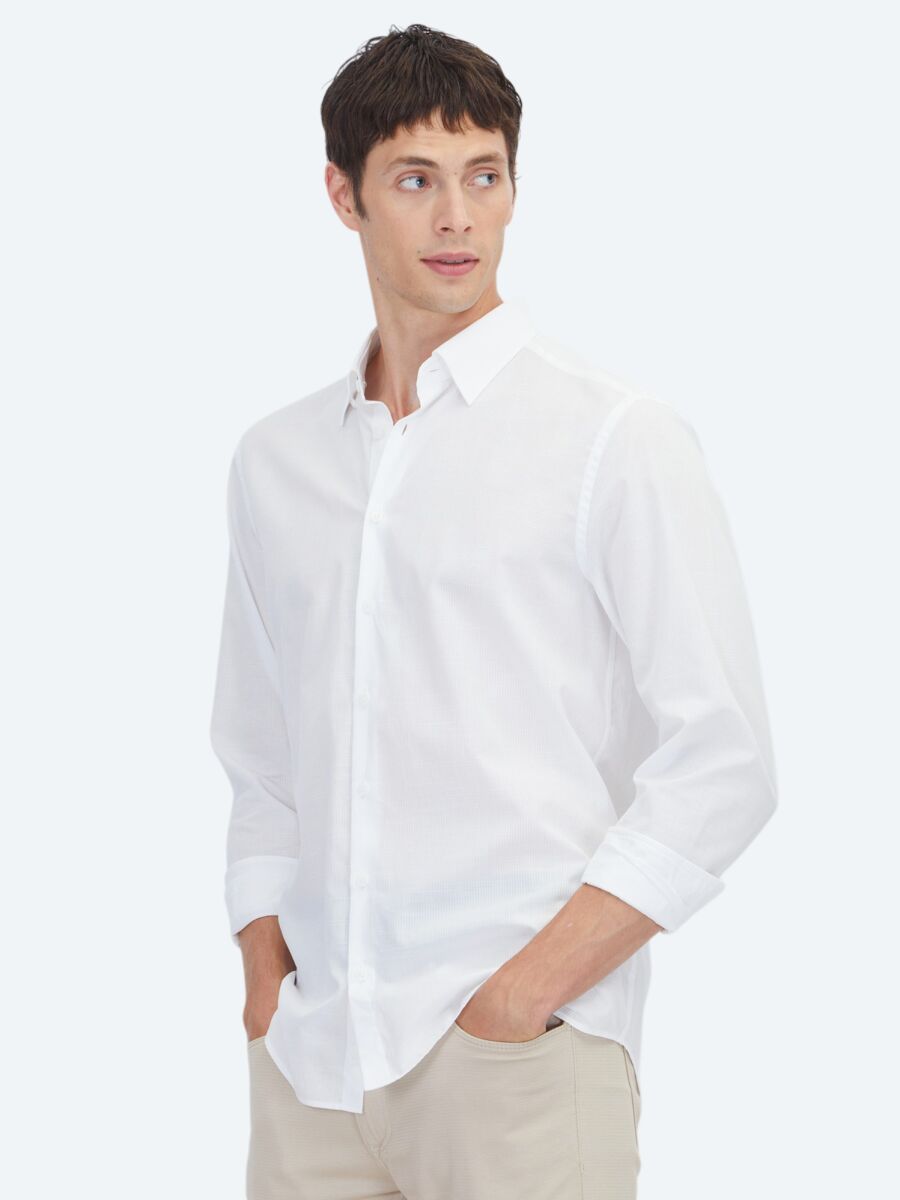 White Plain Regular Fit Weaving Casual 100% Cotton Shirt - 1