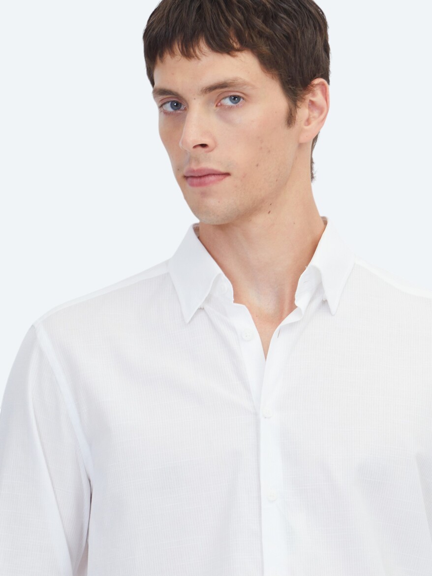 White Plain Regular Fit Weaving Casual 100% Cotton Shirt - 3