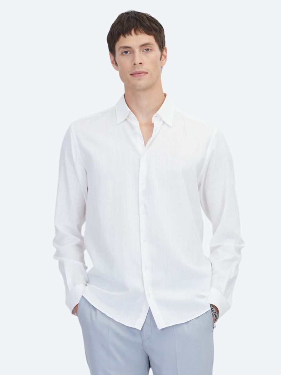 White Plain Regular Fit Weaving Classical 100% Cotton Shirt - 1