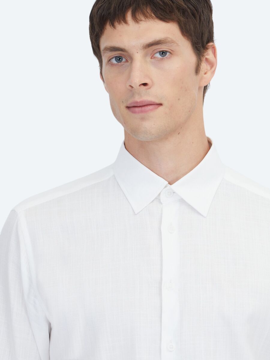 White Plain Regular Fit Weaving Classical 100% Cotton Shirt - 3