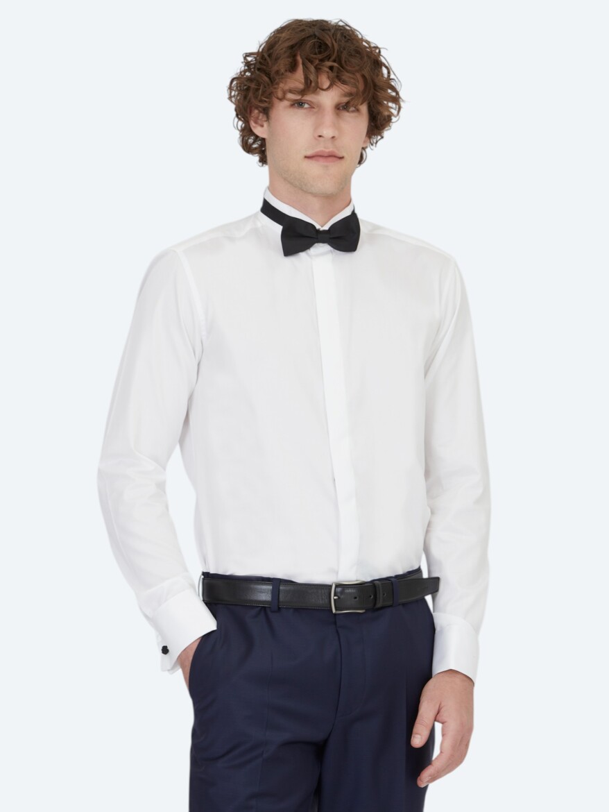 White Plain Slim Fit Double Cuff Wing Collar Tuxedo Shirts - 1