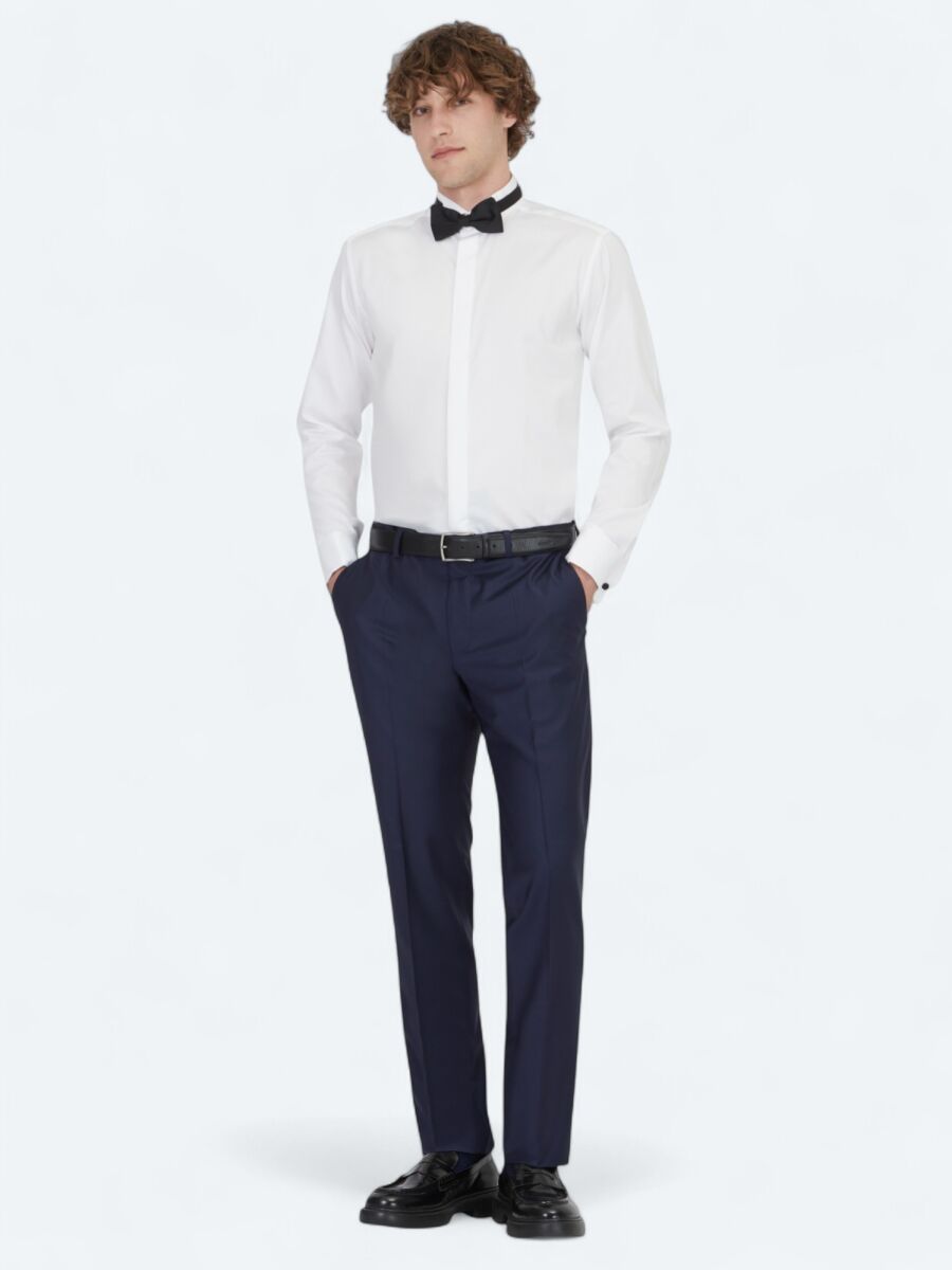 White Plain Slim Fit Double Cuff Wing Collar Tuxedo Shirts - 2