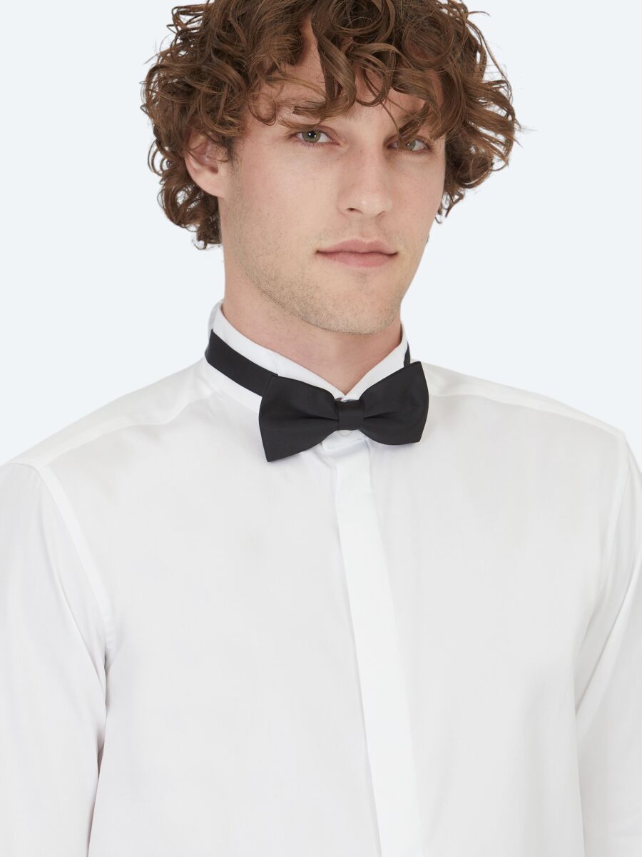 White Plain Slim Fit Double Cuff Wing Collar Tuxedo Shirts - 3