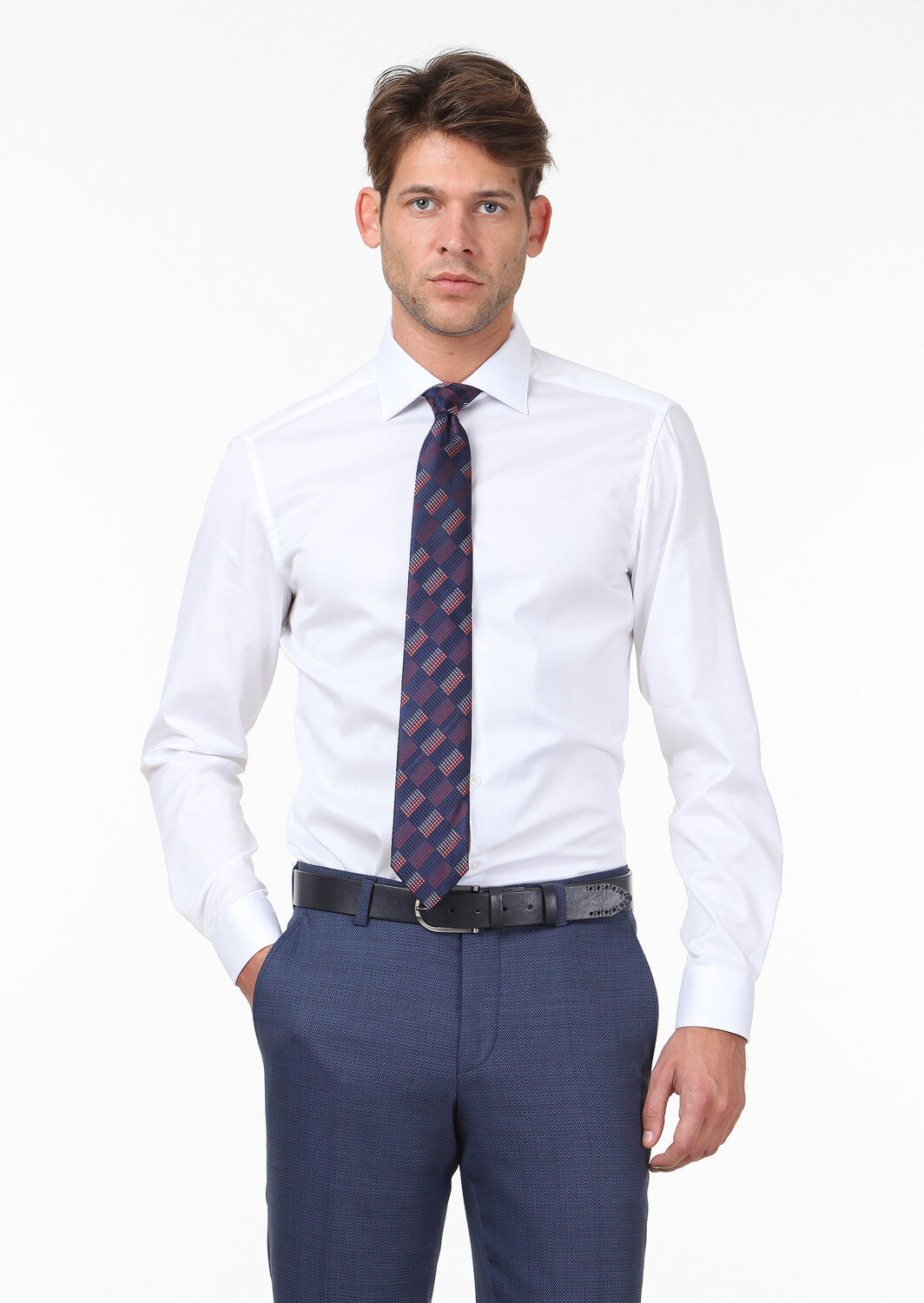 White Plain Slim Fit Weaving Classical 100% Cotton Shirt - 1