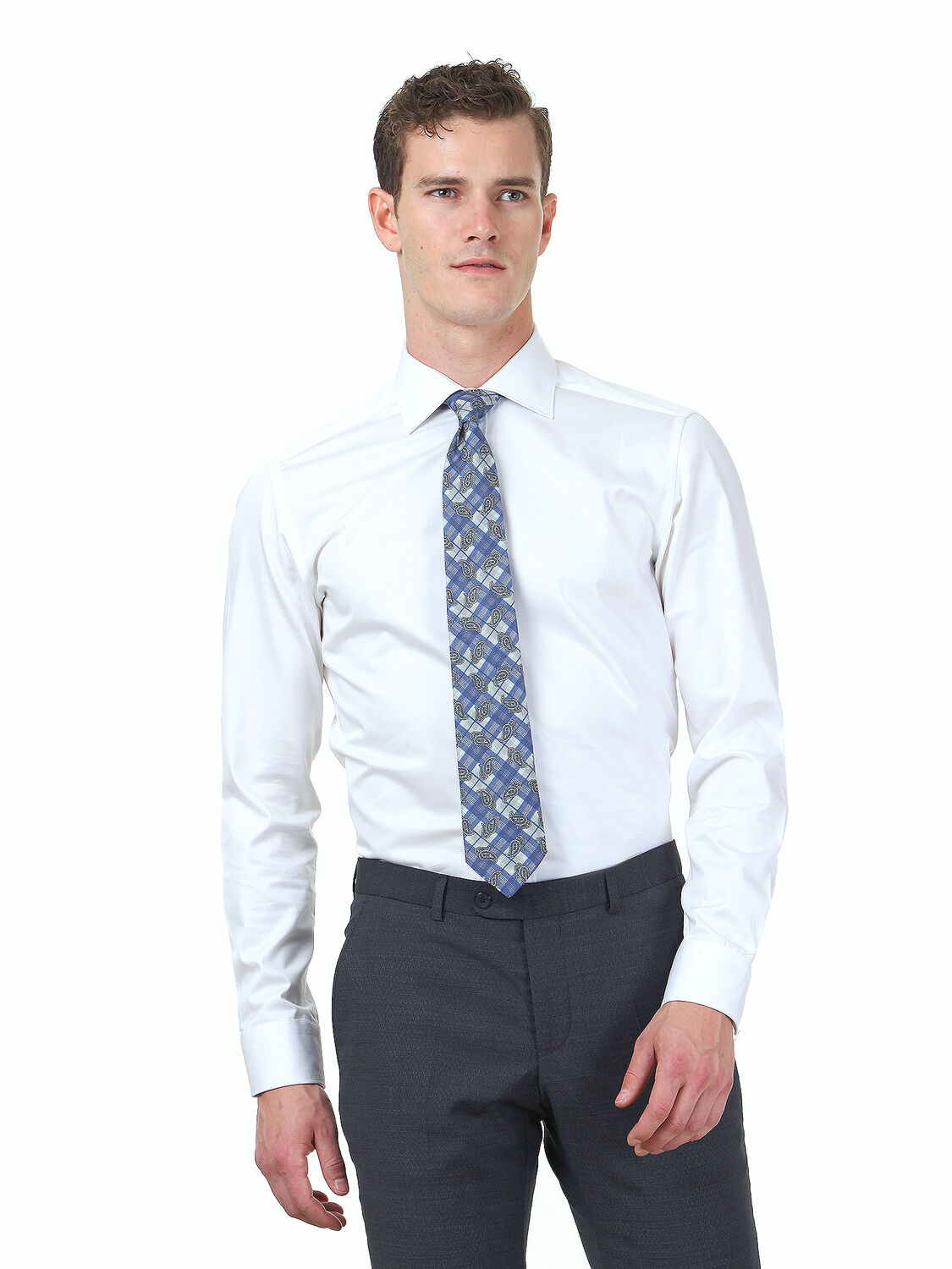 White Plain Slim Fit Weaving Classical 100% Cotton Shirt - 1