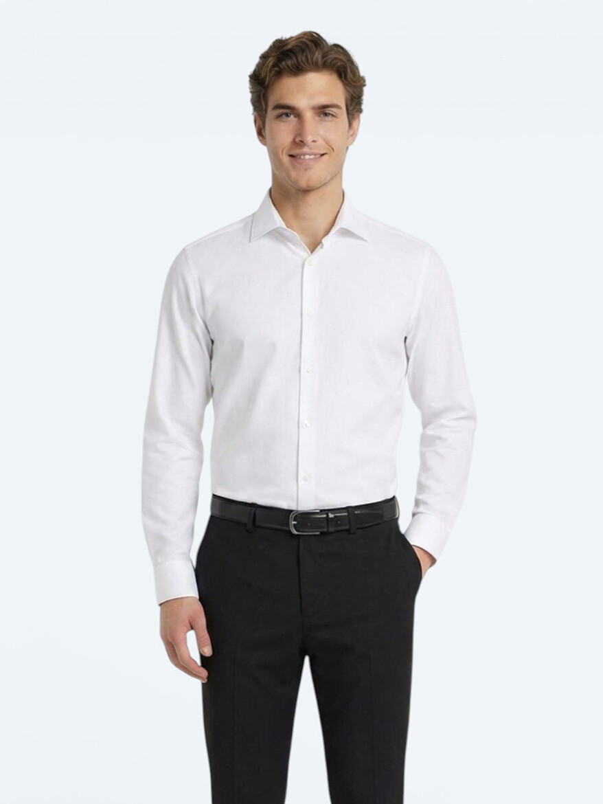 White Plain Slim Fit Weaving Classical Cotton Blended Shirt - 4