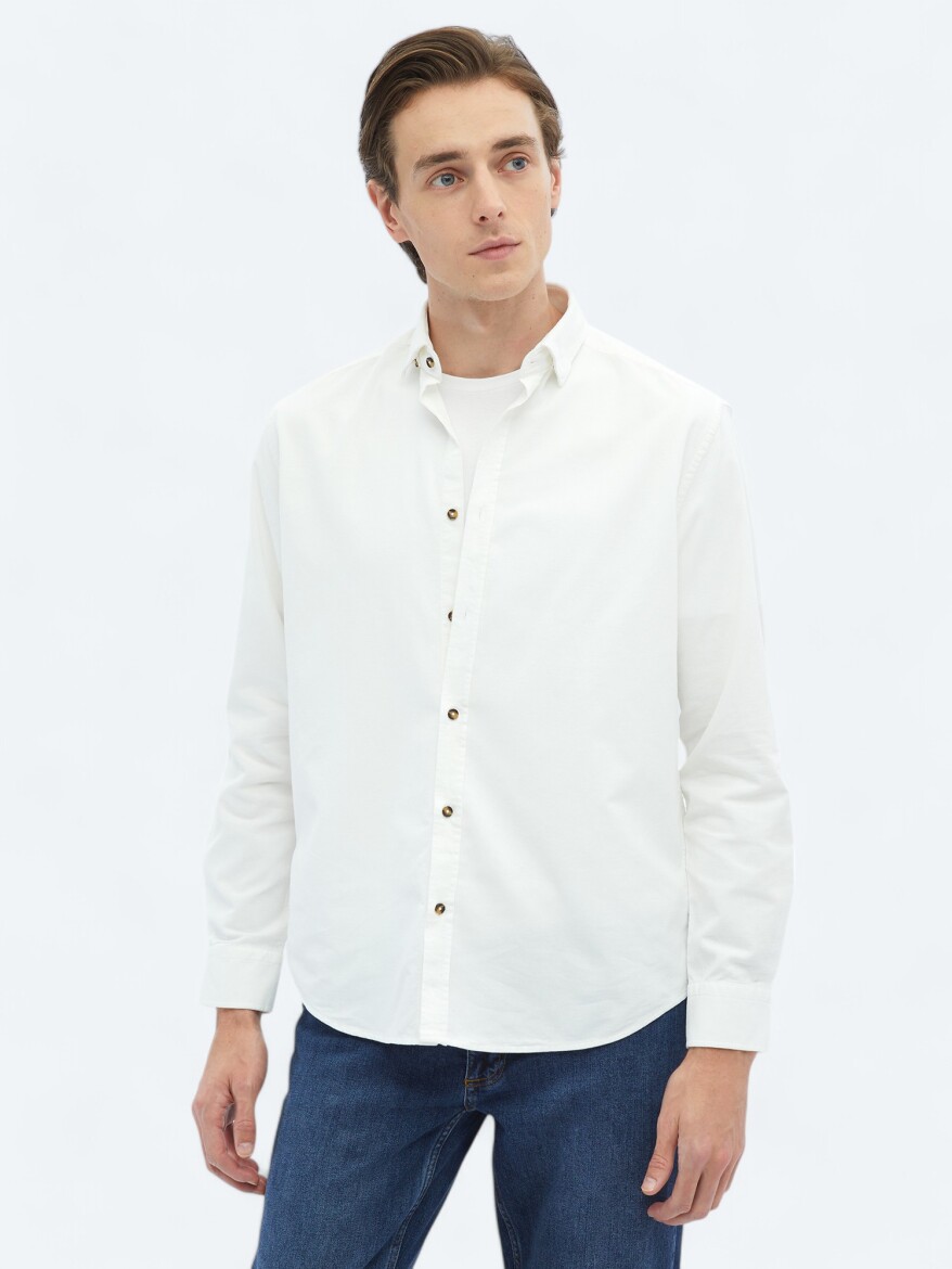 White Ribbed Regular Fit Weaving Casual 100% Cotton Shirt - 3