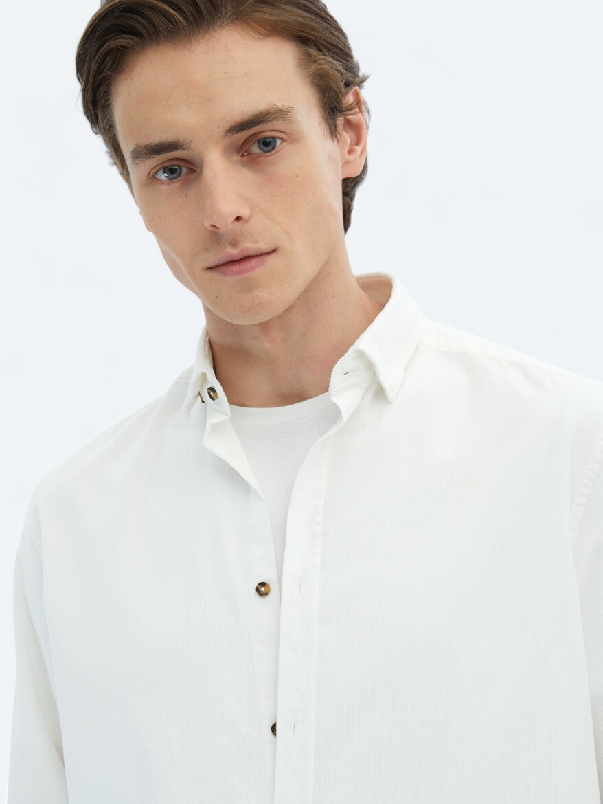 White Ribbed Regular Fit Weaving Casual 100% Cotton Shirt - 5