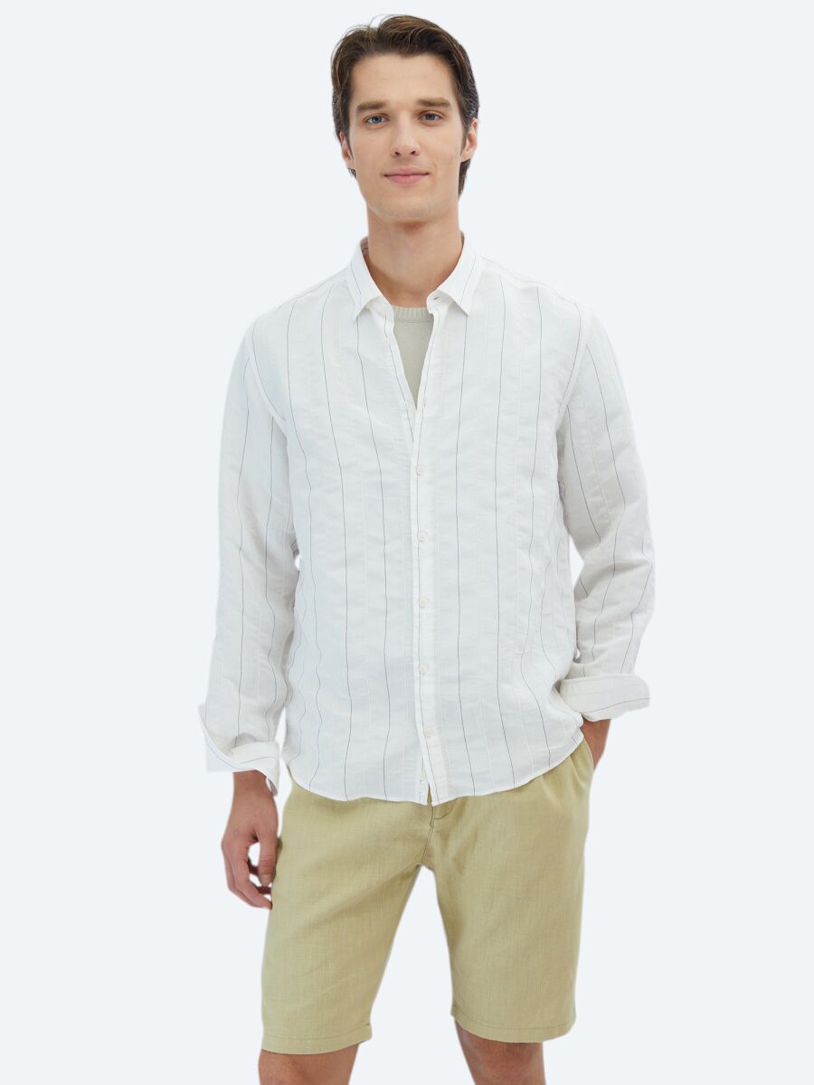 White Striped Regular Fit Weaving Classical Shirt - 1
