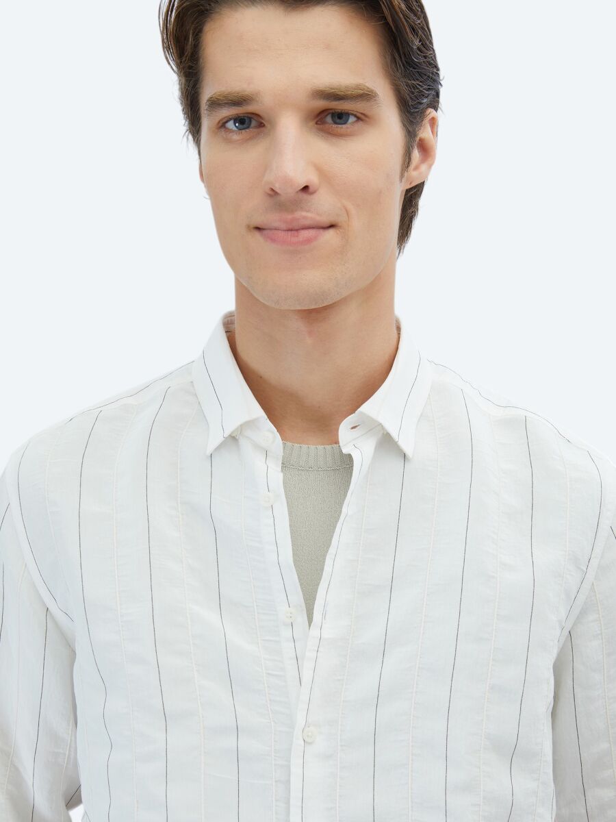 White Striped Regular Fit Weaving Classical Shirt - 3