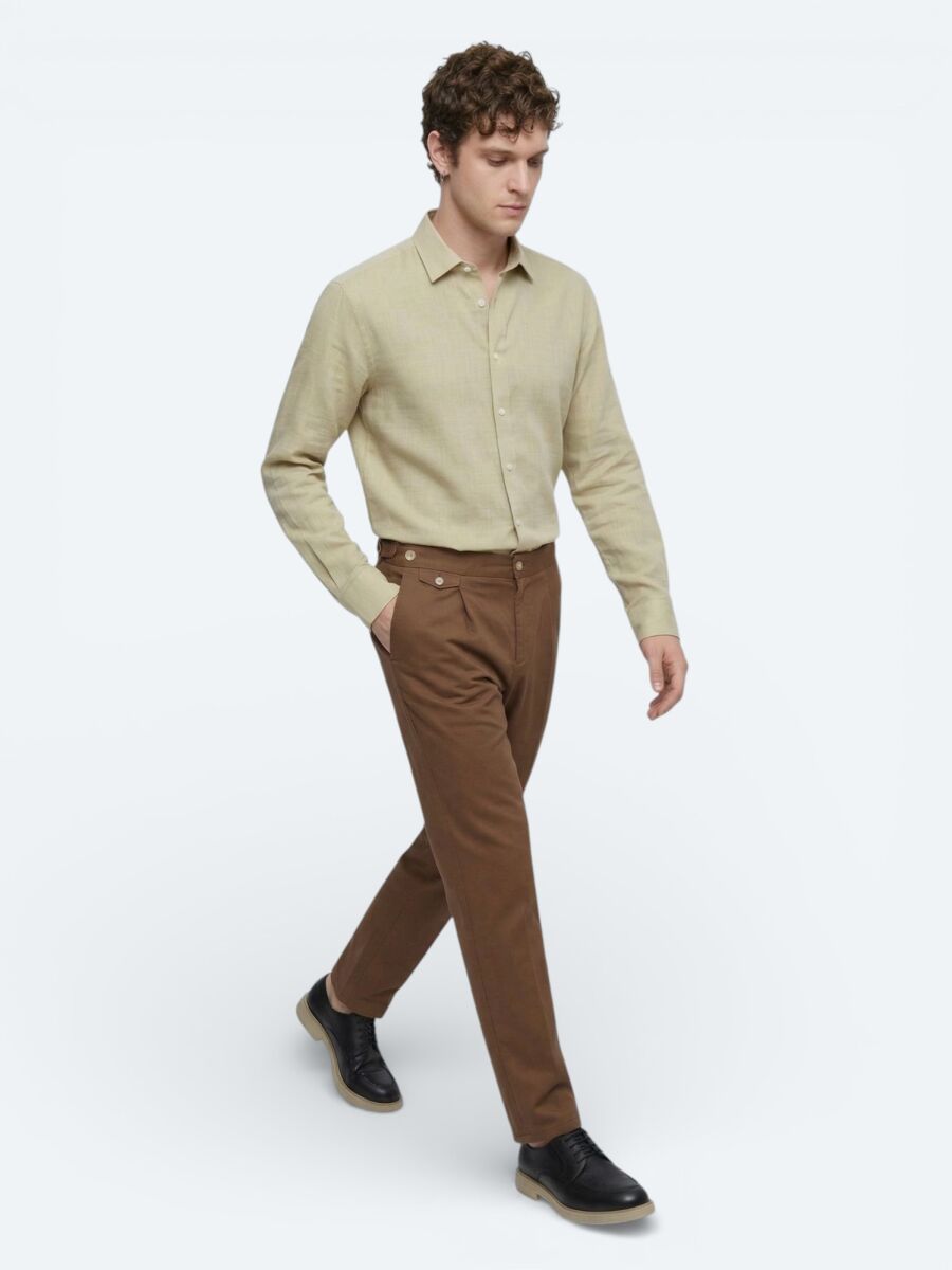 Yağ Yeşili Düz Regular Fit Dokuma Casual %100 Pamuk Gömlek - 4