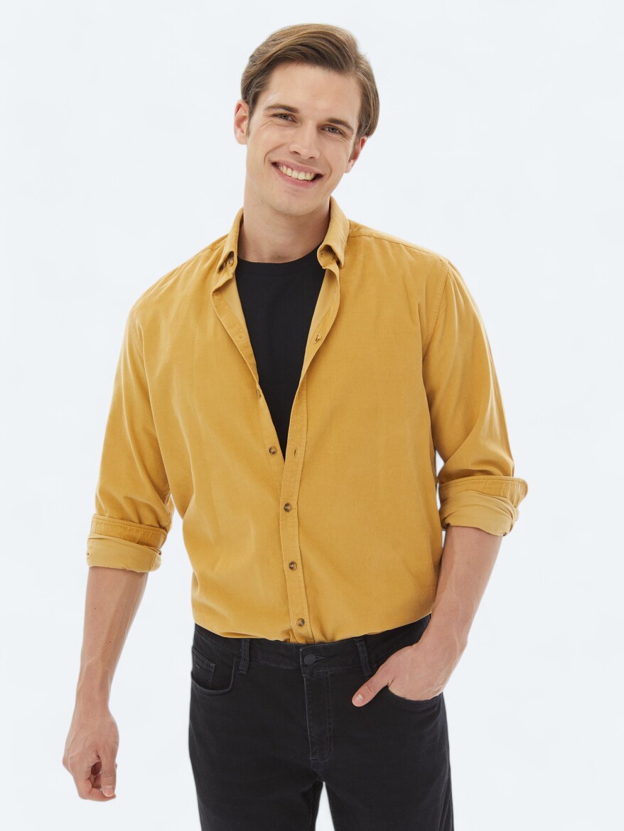 Yellow Ribbed Regular Fit Weaving Casual 100% Cotton Shirt - 1