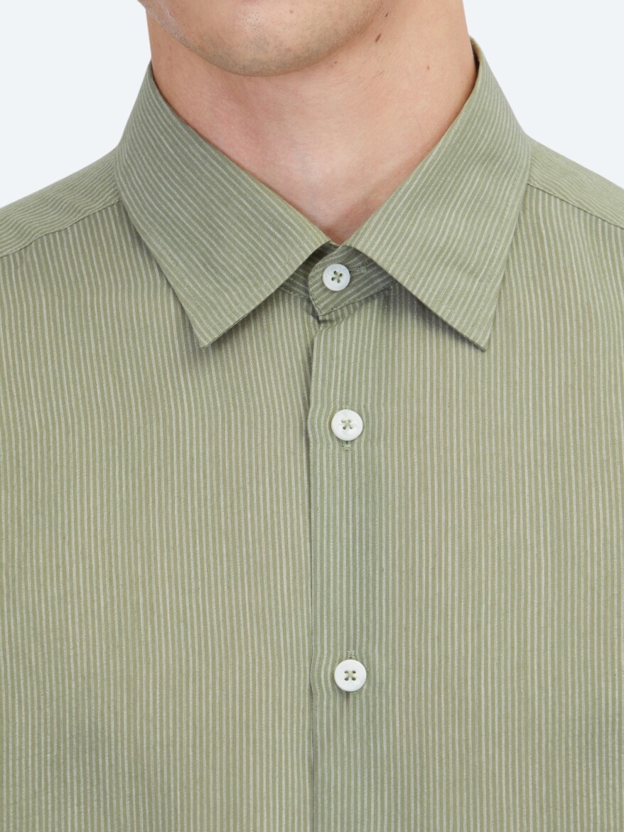 Yeşil Çizgili Regular Fit Dokuma Casual Gömlek - 4