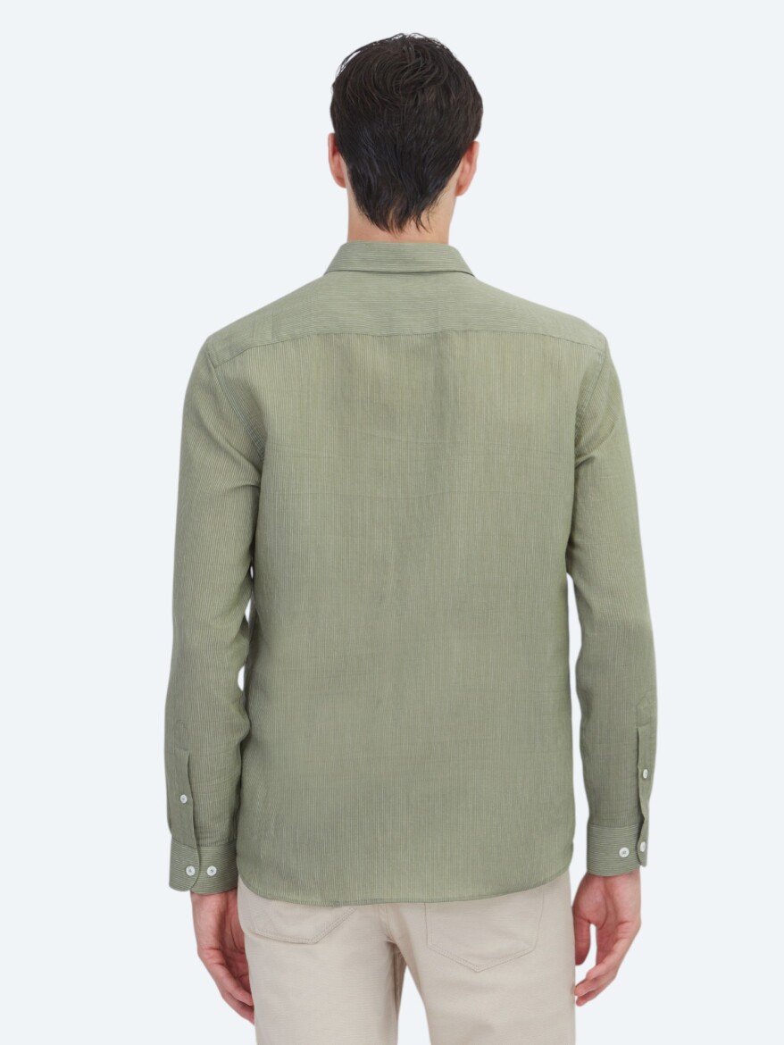 Yeşil Çizgili Regular Fit Dokuma Casual Gömlek - 5