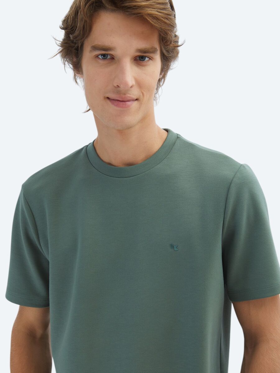 Yeşil Düz Bisiklet Yaka T-Shirt - 3